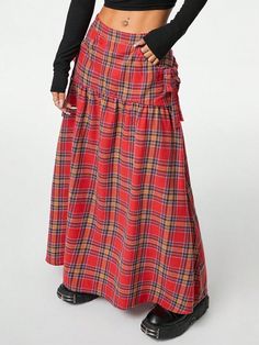 Women's Retro High Waist A-Line  Plaid Skirt Red Casual   Woven Fabric Colorblock,Plaid,Tartan Flared Non-Stretch  Women Clothing, size features are:Bust: ,Length: ,Sleeve Length: Long Plaid Skirt, Tartan Skirt, Funky Outfits, Upcycled Fashion, Ethnic Dress, Plaid Skirt, 60s Fashion, Plaid Skirts, Style Retro