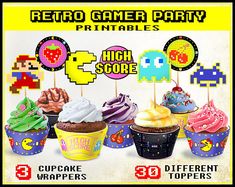 some cupcakes are in different colors and shapes with the words retro game party printables