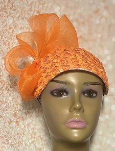 Orange Sequins Half Hat for Church, Wedding, Mother of the Bride, Head Covering, Tea Parties Hat is trimmed with rhinestones, crinoline bows, hat pin, and rhinestones. Perfect for any special occasion. The hat pin may vary and is for decorative purposes only. Measurement  11x8 inches  Hat can be worn on either side of the head. Gifts for mom, sister, wife, or yourself. Fitted Mini Hats For Wedding And Holiday, Fitted Mini Hats For Weddings And Holidays, Fitted Wedding Fascinator For Carnival, Fitted Holiday Fascinator For Wedding, Summer Ceremony Hats And Headpieces, Fitted Fascinator For Wedding And Holiday, Wedding Carnival Fascinator, Fitted Headband For Carnival Party, Fitted Headpieces For Carnival And Formal Occasions