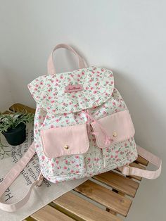 New Outdoor Travel Storage Mini Backpack For Girls, Floral Pattern Lightweight School Bag White Casual,Preppy   Polyester Animal,Plants    Kids Bags & Luggage, size features are:Bust: ,Length: ,Sleeve Length: Cute Pink Portable Backpack, School Bags With Adjustable Strap, Everyday Pink Bags, Cute Standard Backpack With Pockets, Daypack Backpack, Travel Daypack, Design Girl, Travel Storage, Small Backpack