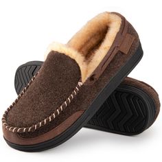 PRICES MAY VARY. Classic Style: With carefully crafted details and a casual look, soft wool felt vamp combined with suede design, you will experience unmatched comfort and ease once you put on these exquisite house slippers, effortlessly adapting to your lifestyle Defy the Cold: Immerse yourself in a genial world with our men's slippers, with soft plush lining that gently snuggles your feet for extreme calefaction and comfy even in the chilly winter. Also, it will absorb moisture and reduce foot Cozy Brown Slippers With Textured Footbed, Winter Brown Moccasins With Rubber Sole, Brown Slip-on Moccasins For Winter, Brown Suede Indoor Slippers, Brown Indoor Slippers For Winter, Casual Brown Wool Slippers, Comfortable Slip-on Winter Moccasins, Brown Wool Slippers With Round Toe, Comfortable Brown Winter Moccasins