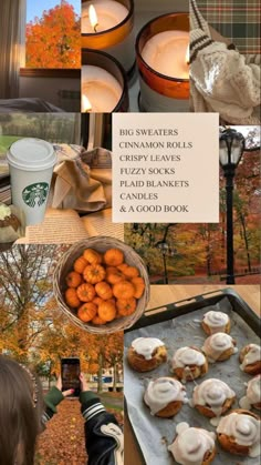 a collage of photos with pumpkins, cinnamon rolls and iced cream in them