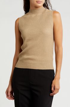 Knit from soft yarns, a lightweight, refined mock-neck sweater is a luxe layering option when the temperature starts to drop. Mock neck Sleeveless 92% polyester, 8% metallic fibers Machine wash, dry flat Imported Rib Sweater, Sweaters Crewneck, Mock Neck Sweater, Soft Yarn, Ribbed Sweater, Brown Gold, Neck Sweater, Mock Neck, Sweater Outfits