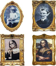 three framed pictures of people with creepy faces in gold frames, one holding a baby