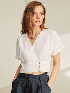 Affordable price buy Blouses on Shopcozy, SPU: 4491QBL6Q51E6, Color: White, Material:Linen, Elasticity:No Elasticity. Chic V-neck Top With Buttons, Effortless V-neck Blouse For Day Out, Chic Linen V-neck Top, V-neck Top With Buttons For Day Out, V-neck Tops With Buttons, Versatile V-neck Tops For Daywear, Elegant Cropped Linen Blouse, Versatile Cropped Linen Tops, Versatile V-neck Blouse With Buttons