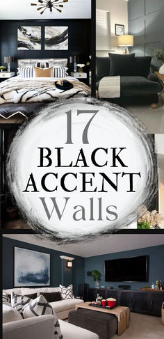 says 17 black accent walls with images of black accent walls in bedroom living room family room and tv room Black Wall Decor Ideas Living Room, Black Matte Accent Wall, Black Wall Styling, Kitchen With Black Accent Wall, Easy Black Accent Wall, Black Office Wall Decor, Black Painted Walls Dining Room, Industrial Style Accent Wall, Black Paint Ideas Walls