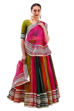 Multicolor lehenga with gota lace embellishment in stripe pattern. Paired with border embellished blouse and dupatta. - Aza Fashions Semi-stitched Lehenga With Border, Semi-stitched Lehenga With Border For Navratri, Bollywood Style Festive Lehenga With Border, Festive Lehenga With Border For Navratri, Multicolor Anarkali Traditional Wear With Border, Anarkali Traditional Wear In Multicolor With Border Detail, Anarkali Style Lehenga With Border For Festive Occasions, Multicolor Border Sets For Navratri, Festive Anarkali Lehenga With Border