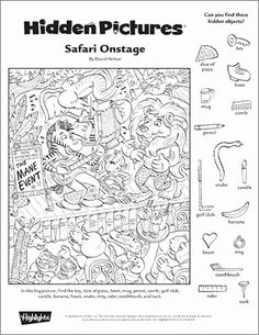 the hidden pictures coloring page for safari onstage is shown in black and white