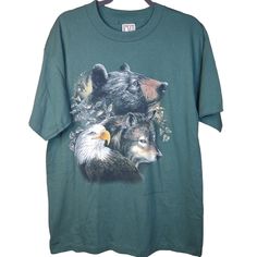 Brand New With Tags Deadstock From Cmj Sports Wear Single Stitch From The 90s Men's 1994 Nature Wildlife Graphic Print Tee With Bear Eagle And Wolf Size Large Offer's Welcome Fast Us Shipping Vintage Animal Shirt, Granola Men’s Clothing, Goblin Clothes, Eagle And Wolf, Stitch Bear, Tired Person, Wolf Size, Cozy Outfits, Clothing Art