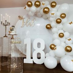 balloons and candles are arranged on the table for an elegant birthday party in white and gold