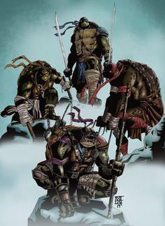 the three ninjas are standing in front of each other with swords and armor on their backs