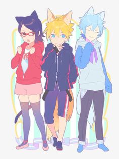 three anime characters are standing together in front of a striped background and one is wearing a hoodie