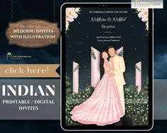 the wedding card is designed to look like it has an image of a bride and groom