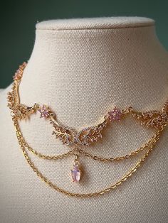 Dreamy Pink Flower Choker Necklace With Fairy Wings and Teardrop, Regal Gold Fairycore Angelic Jewelry, Kawaii Coquette Cosplay Pendant - Etsy Fairy Jewelry Necklace, Pink Necklace Jewelry, Flower Choker Necklace, Flower Choker, Fairy Jewelry, Fairy Necklace, Beading Jewelery, Pink Necklace, Pink Jewelry