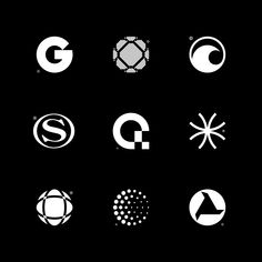 six different logos are shown together on a black background with white letters and symbols in the middle