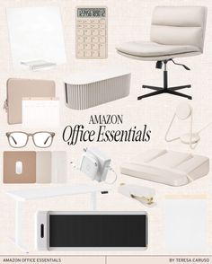 an image of office essentials with text overlaying the top and bottom corner