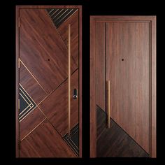 the front and side doors of a wooden door with gold accents on each paneling