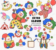 cartoon clowns and clown faces with different colors, sizes and shapes for the design