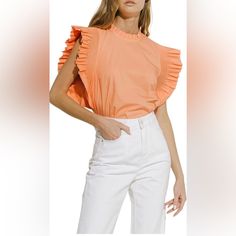 New With Tags English Factory Ruffles Sleeve Poplin Blouse Color Coral/Toast Orange Button Closure In Back Size M 100% Cotton Trendy Sleeveless Workwear Blouse, Trendy Flutter Sleeve Tops For Workwear, Trendy Sleeveless Blouse For Workwear, Spring Ruffle Sleeve Workwear Blouse, Summer Ruffle Sleeve Workwear Blouse, Trendy Workwear Tops With Ruffles, Trendy Ruffled Tops For Work, Spring Workwear Tops With Flutter Sleeves, Casual Office Tops With Ruffled Collar