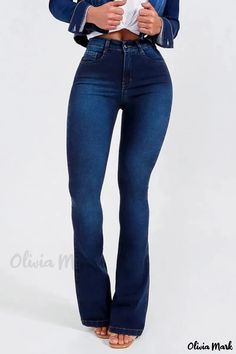 Olivia Mark - Premium High-Waisted Skinny Denim Jeans - Classic and Versatile High Waist Stretch Denim Flare Jeans, High Waist Stretch Flare Jeans In Denim, High-waist Stretch Denim Flare Jeans, Fitted Slim Denim Bottoms, Slim Fitted Denim Blue Bottoms, Slim Fit Denim Blue Bottoms, Fitted High Waist Medium Wash Bottoms, Slim Stretch Blue Bottoms, Fitted High Rise Denim Blue Bottoms