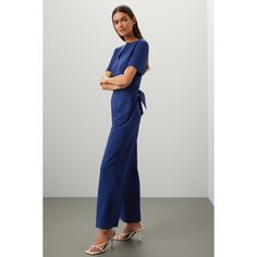 Blue ponte (69% Viscose, 27% Polyamide, 4% Elastane). Jumpsuit. Short sleeves. Split neck. Back zipper closure. 56.6" from shoulder to hemline. 29" inseam. 10" rise. Imported. Elegant Formal Jumpsuits And Rompers, Formal Full-length Jumpsuits And Rompers For Spring, Full Length Formal Jumpsuits And Rompers For Spring, Formal Full Length Jumpsuits And Rompers, Fitted Formal Jumpsuits And Rompers For Spring, Fitted Elastane Jumpsuits For Work, Fitted Elastane Jumpsuits And Rompers For Work, Formal Fitted Elastane Jumpsuits And Rompers, Blue Fitted Jumpsuits And Rompers For Work