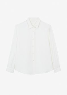 Color: Off White Lightweight fluid shirting fabric Relaxed fit Pointed collar Drop shoulders Button cuffs Slightly curved hem Front button closure Unlined 94% Rayon 6% Polyester Dry Clean By The Frankie Shop. Imported Semi-formal Collared Blouse With Placket, White Lapel Collar Blouse For Office, White Long Sleeve Blouse With Hidden Button Closure, Office Shirt With Collared Placket, Collared Office Shirt With Placket, Collared Shirt With Placket For Office, White Lapel Collar Blouse For Work, White Blouse With Lapel Collar For Work, Timeless Button-up Tops With Placket