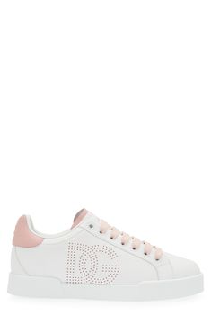 An emblematic monogram is perforated at the side wall of this low-profile leather sneaker ready to kick up your casual ensembles a notch. Lace-up style Leather upper and lining/rubber sole Made in Italy Designer Shoes Luxury Lace-up Sneakers With Logo Detail, Designer Low-top Sneakers With Logo Detail, Designer Sneakers With White Sole And Embossed Logo, Designer Sneakers With Embossed Logo And White Sole, Luxury Perforated Sneakers For Streetwear, Pink Lace-up Sneakers With Embossed Logo, Luxury Sneakers With Perforations And White Sole, Luxury Low-top Sneakers With Perforations, Sporty Pink Sneakers With Embossed Logo