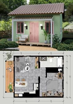 the plans for a tiny house are shown in two different views, one is green and the other is pink