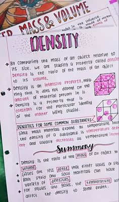 a piece of paper with instructions on how to use the density formula for mass and volume