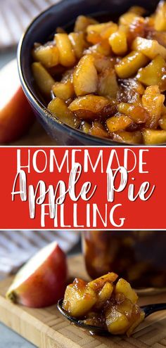 homemade apple pie filling in a bowl on a cutting board