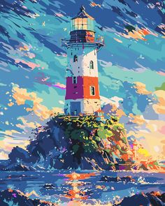 a painting of a lighthouse on top of a hill