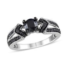 1 CT. T.W. Enhanced Black Diamond Engagement Ring in Sterling Silver Promise Rings Black, Gothic Engagement Ring, Split Shank Engagement Ring, Shank Engagement Ring, Split Shank Engagement Rings, Diamond Promise Rings