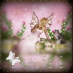 a fairy sitting on the edge of a body of water with a cat next to her