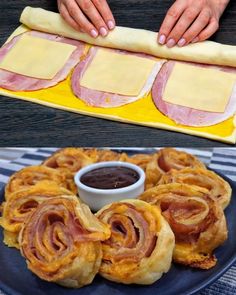 there are several different types of pastries on the plate and in front of them