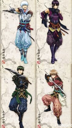 four anime characters with swords in their hands