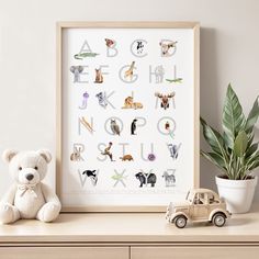 a white teddy bear sitting on top of a wooden dresser next to a framed letter