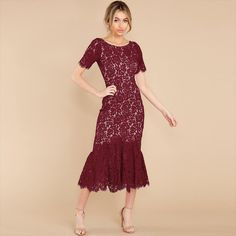 Women's elegant Floral Lace Open Back Long Fishtail Party High Waist Midi Dress Material: Polyester & Spandex Features: Side Zipper, Short Sleeve, Floral Lace, O-Neck, Back open, Fishtail, Midi dress, Fitted Bodycon, lining, Embroidery. Perfect for Bridal engagement, Bridesmaids, party, wedding, dinner outing, celebration etc. Dresses Sleeves, Dress Outline, Floral Evening Dresses, Women Lace Dress, Lace Party Dresses, Fishtail Dress, Retro Mode, Floral Dresses Long, Dress Stores Online