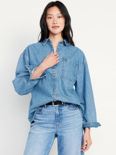 Boyfriend Button-Down Jean Tunic | Old Navy Denim On Denim Looks, Cold Fashion, Navy Boyfriend, Long Tunic Tops, Women's Button Down Shirt, Beautiful Blouses, Old Navy Women, Womens Tunics, Styles Fashion