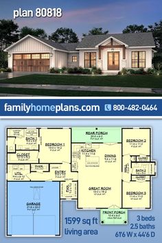 two story house plan with 3 beds and 2 baths in the front, an open floor plan