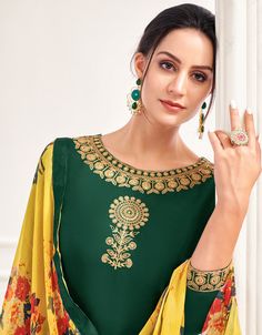 Embroidred Designer Chanderi Cotton Salwar Suit Processing Time : 15 to 20 Business Days Work : Thread Embroidery With Printed Work Fabric:Top : Chanderi Cotton Bottom : Cotton Dupatta : Chiffon Print Color:Top : Green Bottom : Green Dupatta : Yellow Pant Dress, Cotton Salwar Suit, Green Dupatta, Pakistani Salwar Kameez, Cotton Dupatta, Green Bottom, Thread Embroidery, Cotton Bottoms, Salwar Suit