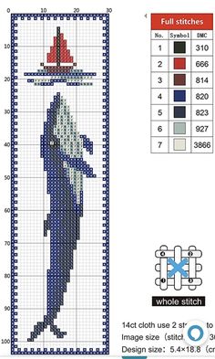 a cross stitch pattern with the image of a blue whale and sailboat on it