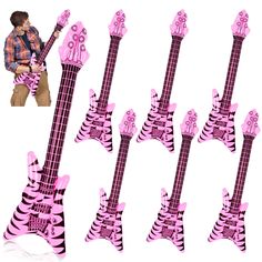 an image of a man that is playing on his electric guitar with pink zebra stripes