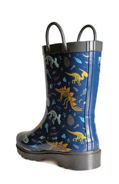 Make rainy days more fun with this durable rain boot constructed from water-resistant rubber with colorful print and a grippy traction sole. This style includes top pull handles on walker and toddler sizes for easy on-off action. Top handles not included on little kid sizes 1–2 Rubber upper/synthetic lining/rubber sole Imported Blue Waterproof Boots For Rainy Weather, Blue Weatherproof Boots For Rainy Weather, Weatherproof Blue Boots For Rainy Weather, Blue Non-slip Boots For Outdoor, Outdoor Multicolor Waterproof Boots, Casual Multicolor Waterproof Rain Boots, Blue Round Toe Rain Boots, Waterproof Blue Rain Boots With Round Toe, Blue Waterproof Rain Boots With Round Toe