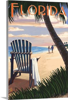 a painting of two people walking on the beach next to a chair and palm tree