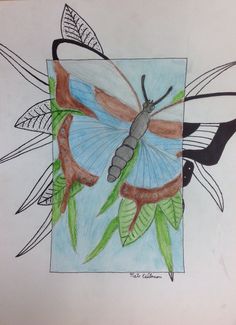 a drawing of a butterfly with leaves on it's back and wings, sitting on top of a piece of paper