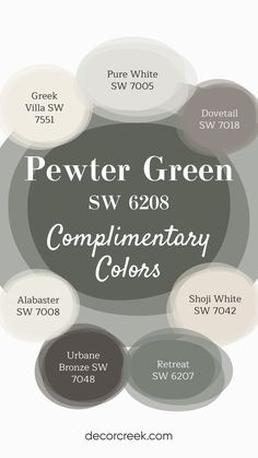 The image displays Pewter Green SW-6208 by Sherwin Williams alongside complementary colors. Shoji White and Pure White bring a clean, crisp contrast, while Alabaster and Greek Villa soften the palette with brightness. Urbane Bronze and Dovetail add grounding, rich tones, and Retreat introduces a subtle, natural green hue to the mix. Greek Villa Sherwin Williams, Sherwin Williams Green, Kitchen Color Trends, Greek Villa, Pewter Green, Home Paint Color, Shoji White