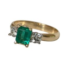 Colombian Emerald Diamond Three-Stone Engagement Ring 18 Karat | See more rare vintage Engagement Rings at https://www.1stdibs.com/jewelry/rings/engagement-rings Three Stone Ring Settings, Emerald Ring Vintage, Contemporary Engagement Rings, Emerald Ring Gold, White Gold Diamond Engagement Ring, Modern Engagement Rings, Diamond Jewelry Designs, Colombian Emeralds, Three Stone Engagement