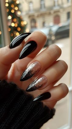 Dark Nail Designs January Nail Designs Black, Black December Nails, Extra Short Almond Nails Ideas, Winter Nails 2025 Trends Gel, Black Winter Nails Acrylic, Dark Bridal Nails, Dark New Years Nails, 2024 Winter Nail Trends, Black And Rose Gold Nail Designs