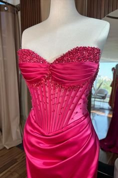 Fuchsia Beaded Corset Evening Dress Banquet Corset Dress With Ruched Bodice And Sweetheart Neckline, Fitted Satin Corset Dress For Banquet, Satin Corset Dress With Fitted Bodice For Banquet, Fitted Satin Bodice For Party, Satin Bodice For Party, Sweetheart Neckline Evening Dress With Fitted Bodice For Pageant, Strapless Ruched Corset For Prom, Pageant Evening Dress With Corset Back And Fitted Bodice, Fitted Ruched Bodice Corset For Prom Season