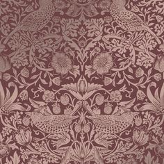 an intricately designed wallpaper with birds and flowers on maroon background, in shades of brown